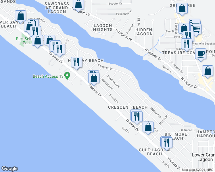 map of restaurants, bars, coffee shops, grocery stores, and more near 6411 Sunset Avenue in Panama City Beach