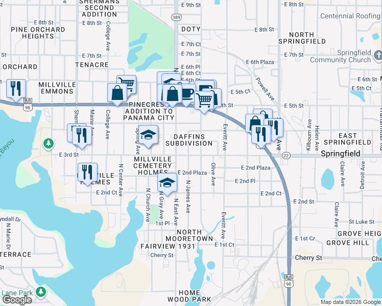 map of restaurants, bars, coffee shops, grocery stores, and more near 2716 East 3rd Street in Panama City