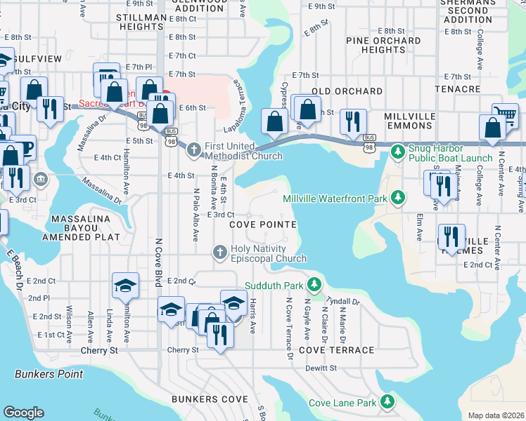 map of restaurants, bars, coffee shops, grocery stores, and more near 337 Watson Bayou Circle in Panama City