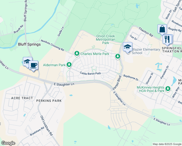 map of restaurants, bars, coffee shops, grocery stores, and more near 8924 Cattalo Lane in Austin