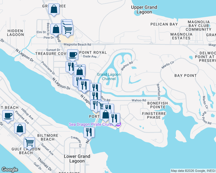 map of restaurants, bars, coffee shops, grocery stores, and more near 1420 Trout Drive in Panama City