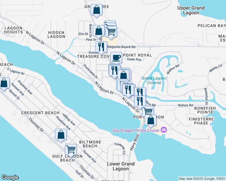 map of restaurants, bars, coffee shops, grocery stores, and more near 6202 North Lagoon Drive in Panama City Beach