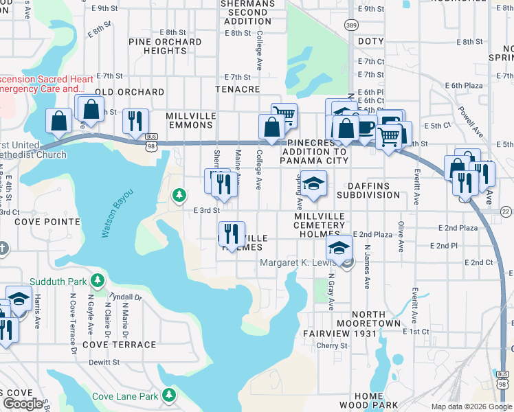 map of restaurants, bars, coffee shops, grocery stores, and more near 232 College Avenue in Panama City