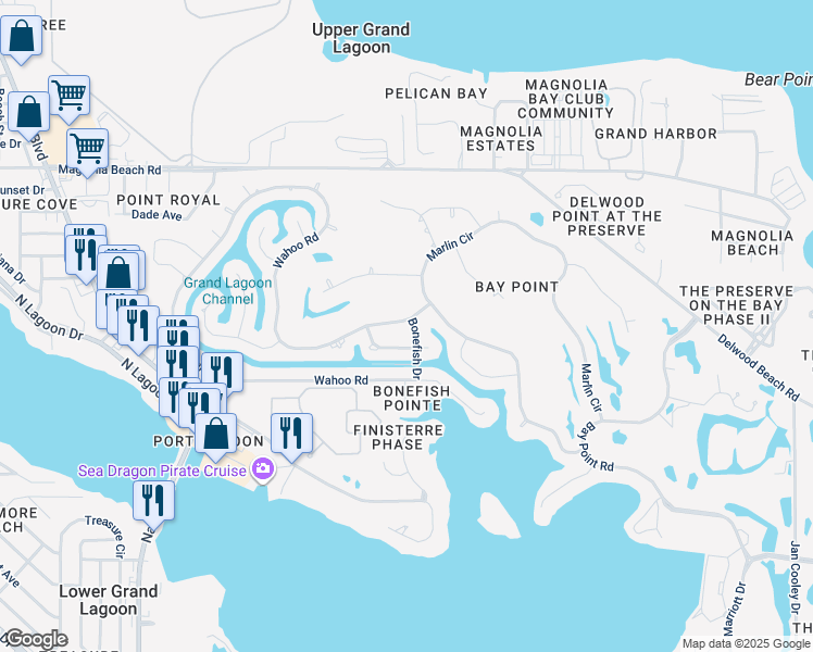 map of restaurants, bars, coffee shops, grocery stores, and more near 305 Wahoo Road in Panama City Beach