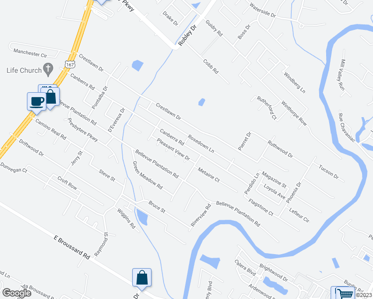 map of restaurants, bars, coffee shops, grocery stores, and more near 804 Canberra Road in Lafayette