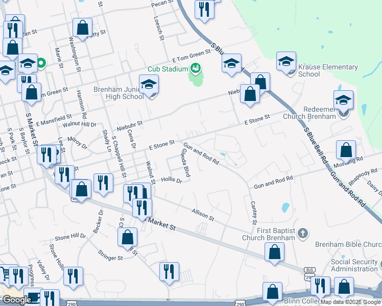 map of restaurants, bars, coffee shops, grocery stores, and more near 2106 Creekwood Lane in Brenham