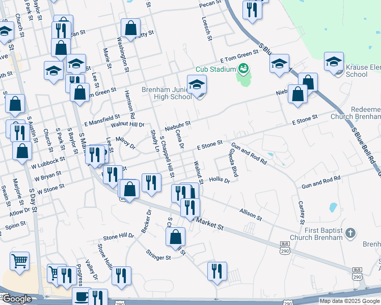 map of restaurants, bars, coffee shops, grocery stores, and more near 1003 Rhames Avenue in Brenham