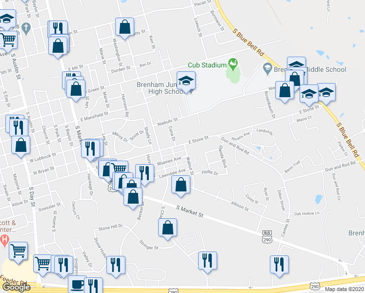 map of restaurants, bars, coffee shops, grocery stores, and more near 1008 East Stone Street in Brenham