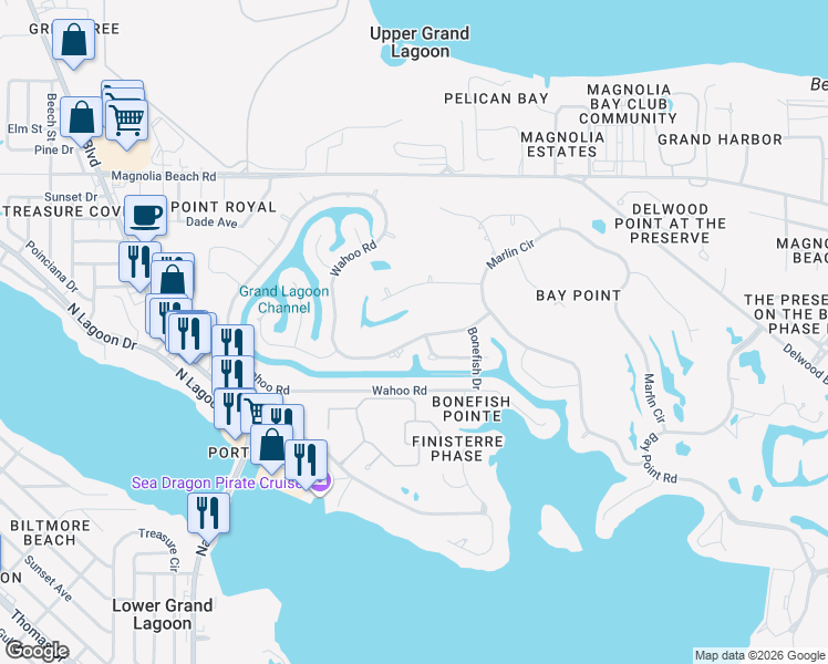 map of restaurants, bars, coffee shops, grocery stores, and more near 319 Wahoo Road in Panama City Beach