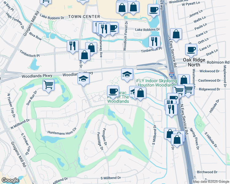map of restaurants, bars, coffee shops, grocery stores, and more near 1300 North Millbend Drive in The Woodlands