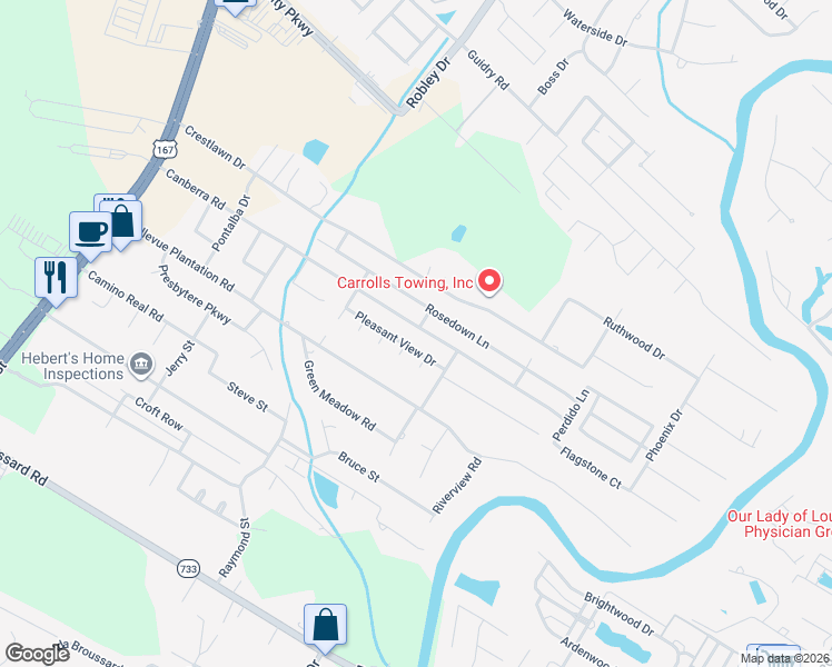map of restaurants, bars, coffee shops, grocery stores, and more near 129 Pleasant View Drive in Lafayette