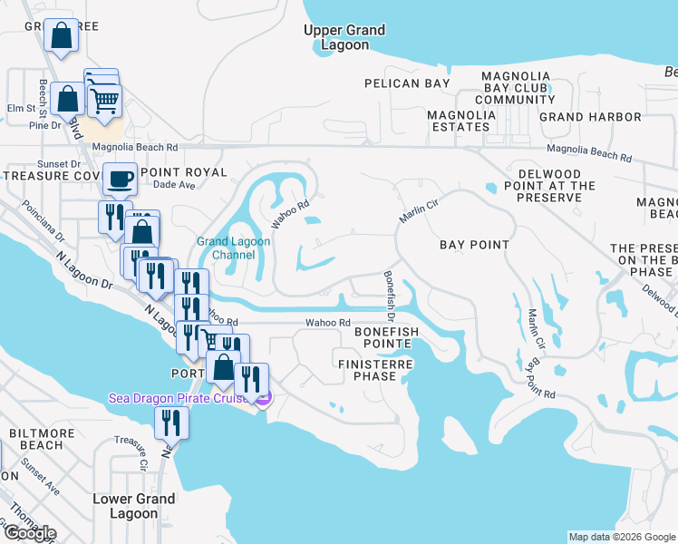 map of restaurants, bars, coffee shops, grocery stores, and more near 319 Wahoo Road in Panama City Beach