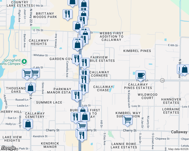 map of restaurants, bars, coffee shops, grocery stores, and more near 5743 Wewa Highway in Callaway