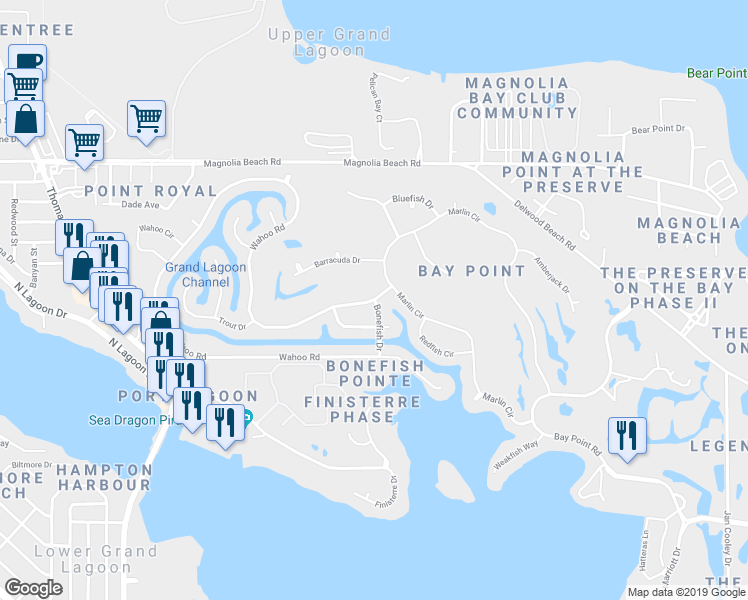 map of restaurants, bars, coffee shops, grocery stores, and more near 305 Wahoo Road in Panama City