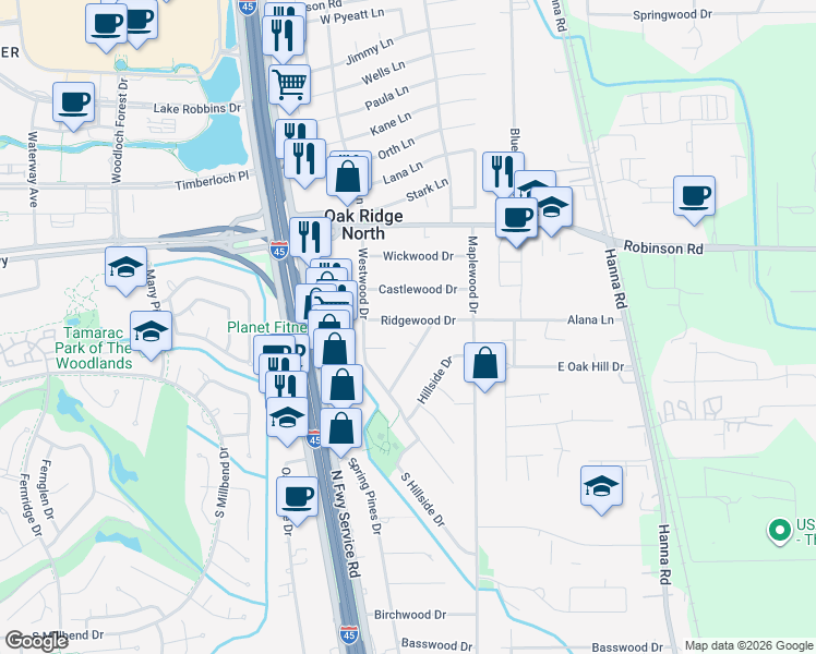 map of restaurants, bars, coffee shops, grocery stores, and more near 211 Westwood Court in Spring