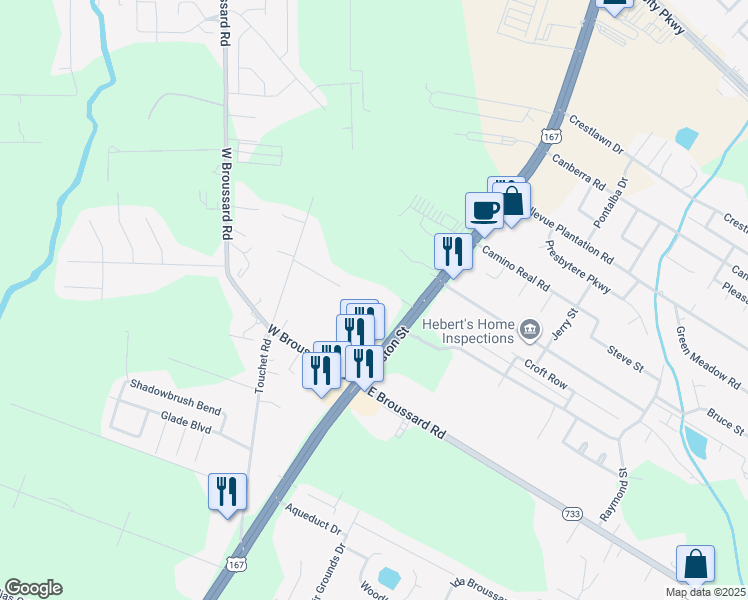 map of restaurants, bars, coffee shops, grocery stores, and more near 6722 Johnston Street in Lafayette