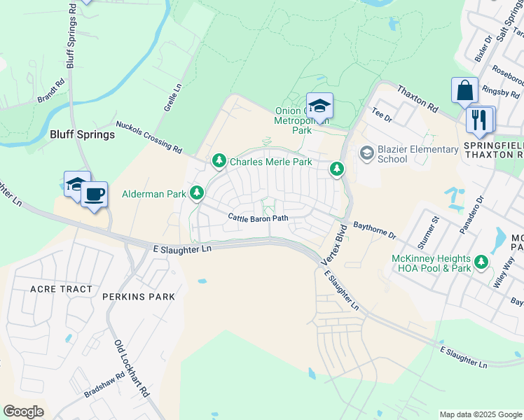 map of restaurants, bars, coffee shops, grocery stores, and more near 8924 Cattalo Lane in Austin