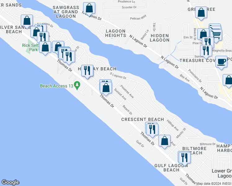 map of restaurants, bars, coffee shops, grocery stores, and more near 6501 Sunset Avenue in Panama City