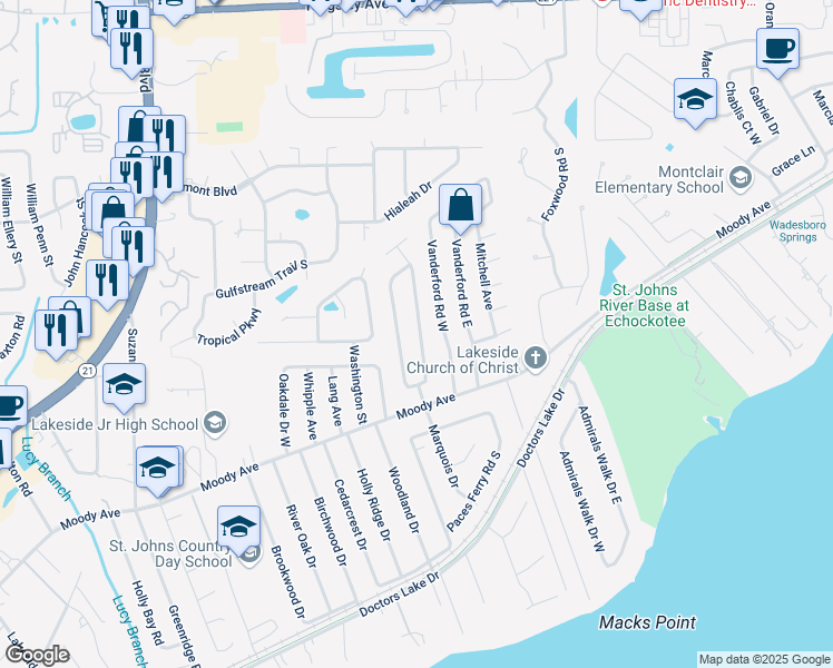map of restaurants, bars, coffee shops, grocery stores, and more near 3447 Red Oak Circle East in Orange Park
