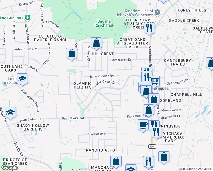 map of restaurants, bars, coffee shops, grocery stores, and more near 2306 Marcus Abrams Boulevard in Austin