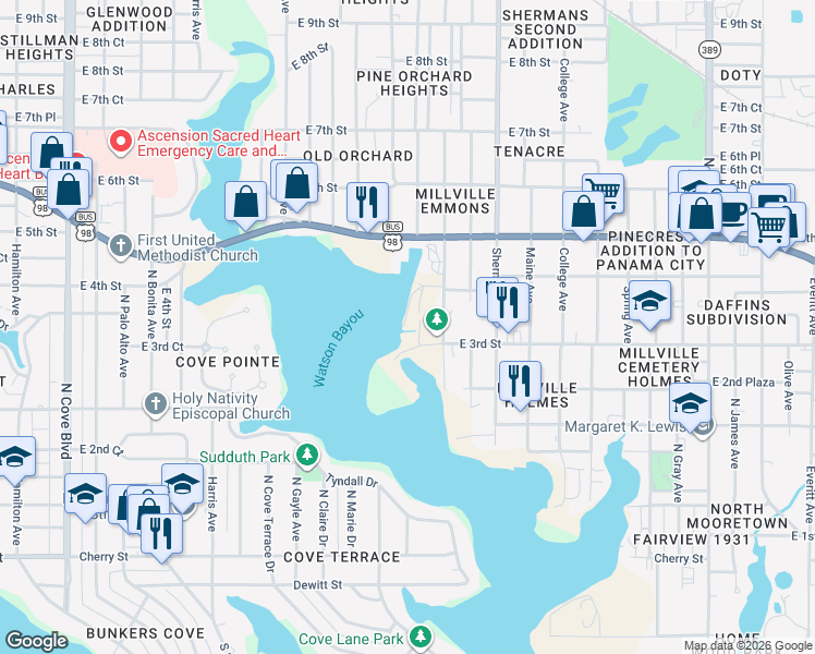 map of restaurants, bars, coffee shops, grocery stores, and more near 409 Maple Ave in Panama City