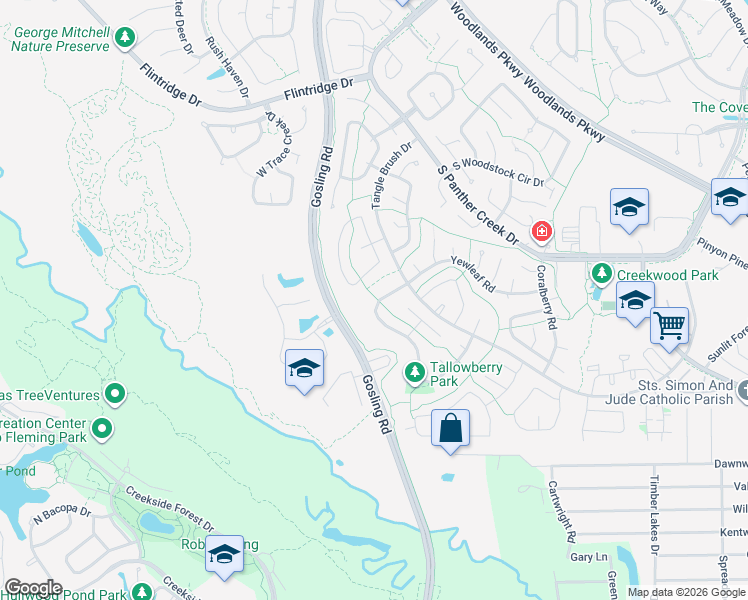 map of restaurants, bars, coffee shops, grocery stores, and more near 87 Yewleaf Drive in Spring
