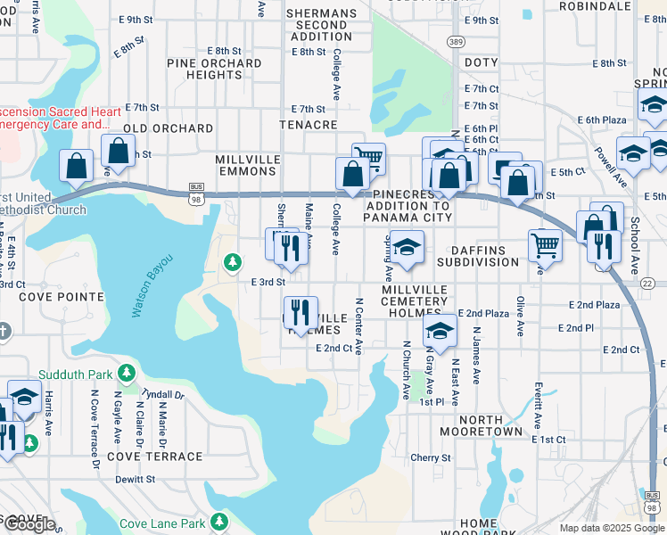 map of restaurants, bars, coffee shops, grocery stores, and more near 315 College Avenue in Panama City