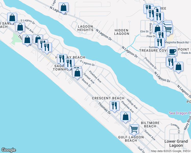 map of restaurants, bars, coffee shops, grocery stores, and more near 6406 Pinetree Avenue in Panama City