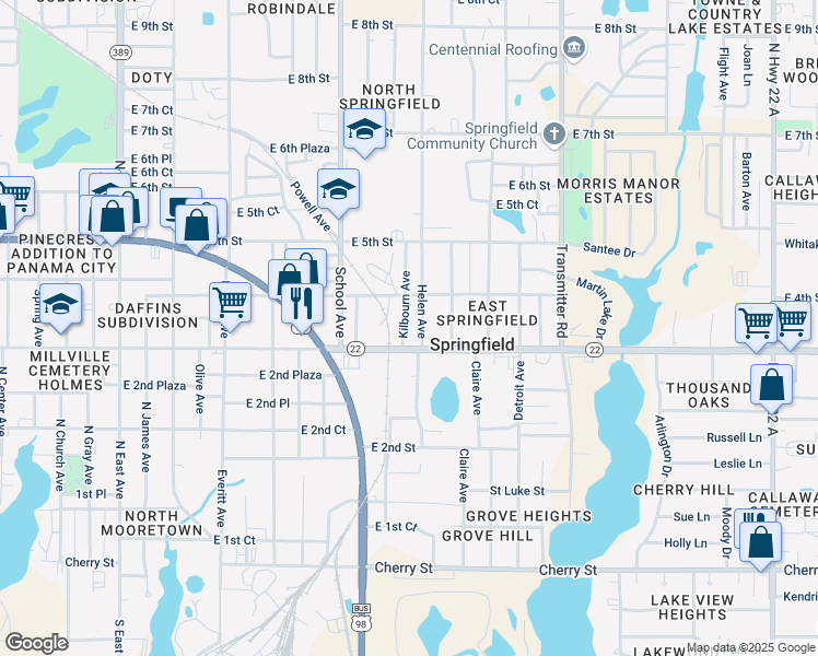 map of restaurants, bars, coffee shops, grocery stores, and more near 301 Kilbourn Avenue in Panama City