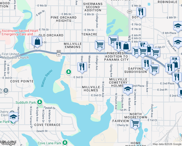 map of restaurants, bars, coffee shops, grocery stores, and more near 318 Maine Avenue in Panama City