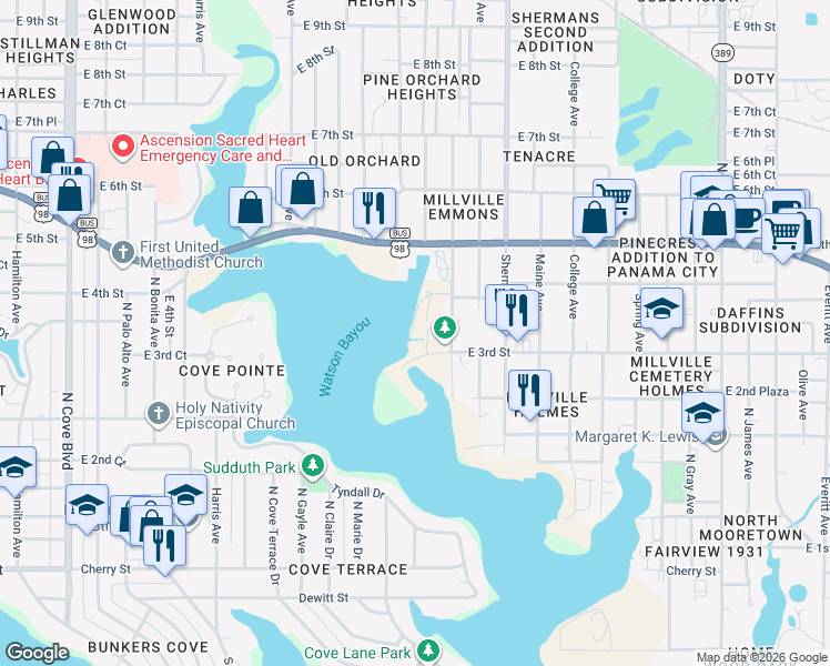map of restaurants, bars, coffee shops, grocery stores, and more near 409 Maple Ave in Panama City