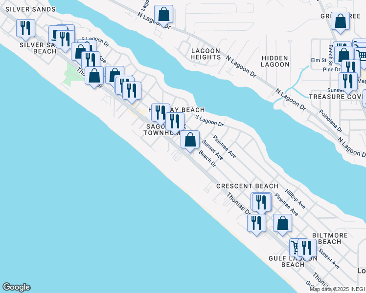 map of restaurants, bars, coffee shops, grocery stores, and more near 6625 Beach Drive in Panama City
