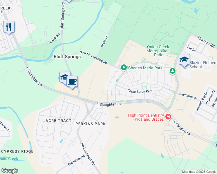 map of restaurants, bars, coffee shops, grocery stores, and more near Cattle Baron Path in Austin