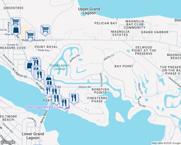 map of restaurants, bars, coffee shops, grocery stores, and more near 1013 Barracuda Drive in Panama City Beach