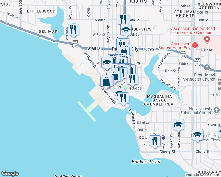 map of restaurants, bars, coffee shops, grocery stores, and more near 10 West Beach Drive in Panama City