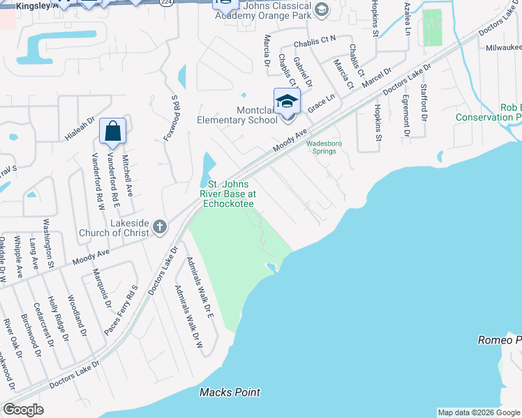 map of restaurants, bars, coffee shops, grocery stores, and more near 2565 Eagle Bay Drive in Orange Park