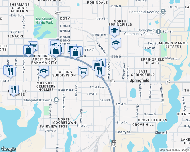 map of restaurants, bars, coffee shops, grocery stores, and more near 3214 East Highway 98 in Panama City