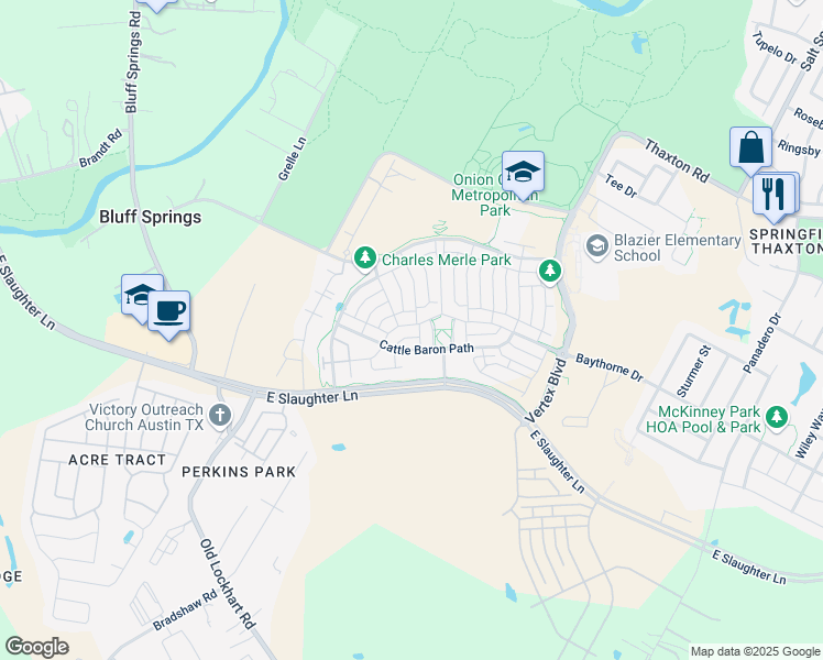 map of restaurants, bars, coffee shops, grocery stores, and more near 5512 Baythorne Drive in Austin