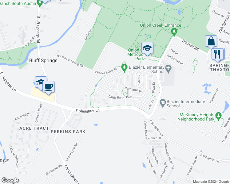 map of restaurants, bars, coffee shops, grocery stores, and more near 5316 Baythorne Drive in Austin