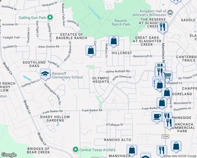 map of restaurants, bars, coffee shops, grocery stores, and more near 11505 Georgia Coleman Bend in Austin