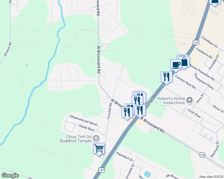 map of restaurants, bars, coffee shops, grocery stores, and more near 415-419 Touchet Road in Lafayette