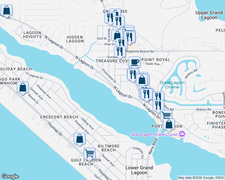 map of restaurants, bars, coffee shops, grocery stores, and more near 6317 Palm Ct in Panama City Beach