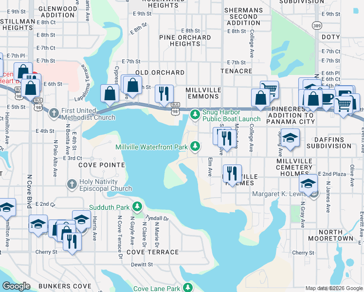 map of restaurants, bars, coffee shops, grocery stores, and more near 409 Maple Ave in Panama City