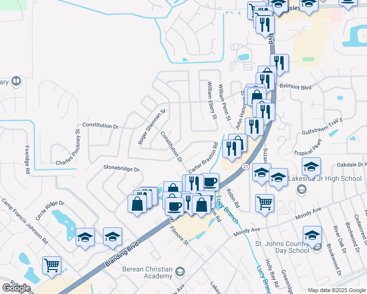 map of restaurants, bars, coffee shops, grocery stores, and more near 2214 George Wythe Road in Orange Park