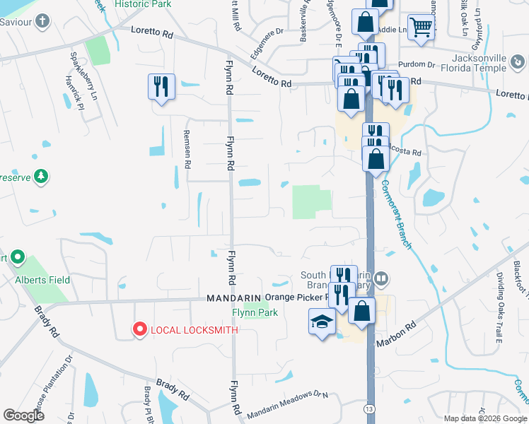 map of restaurants, bars, coffee shops, grocery stores, and more near 2751 Tanya Terrace in Jacksonville
