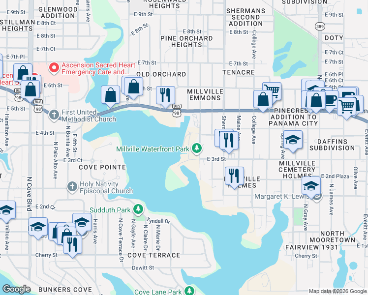map of restaurants, bars, coffee shops, grocery stores, and more near 409 Maple Ave in Panama City