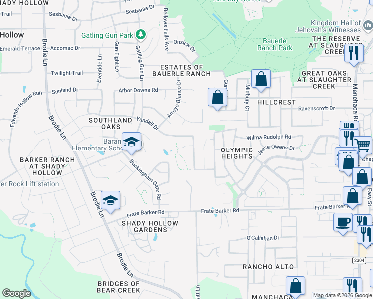 map of restaurants, bars, coffee shops, grocery stores, and more near 2608 Kerri Strug Cove in Austin