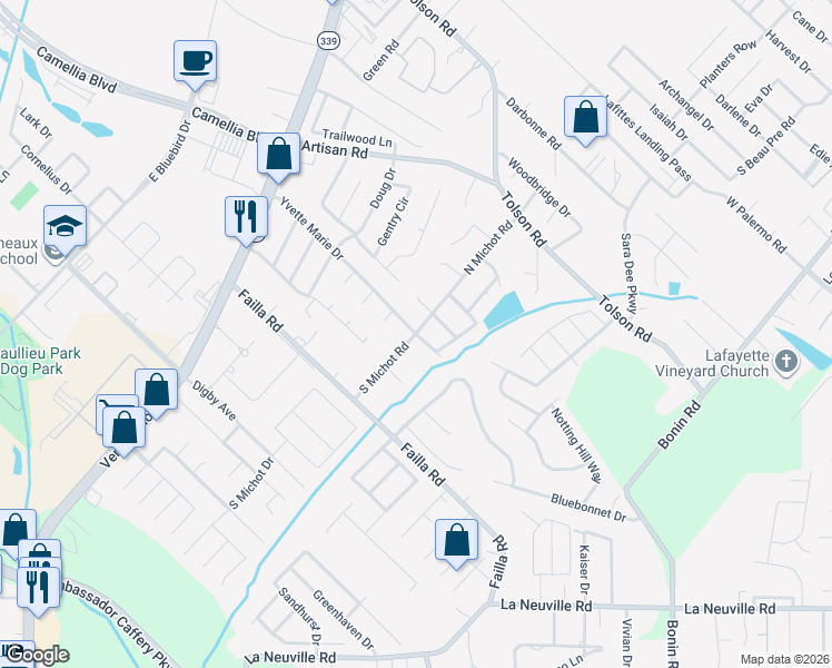 map of restaurants, bars, coffee shops, grocery stores, and more near 101 North Michot Road in Lafayette