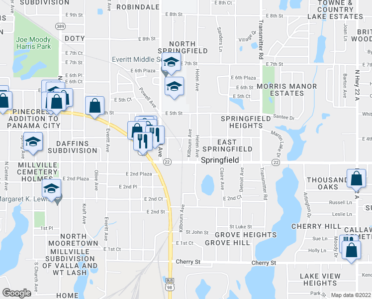 map of restaurants, bars, coffee shops, grocery stores, and more near 301 Kilbourn Avenue in Panama City