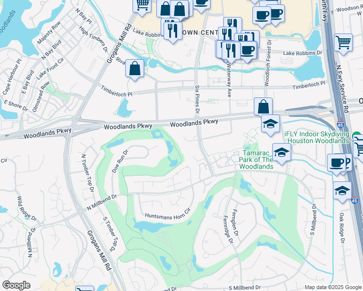 map of restaurants, bars, coffee shops, grocery stores, and more near 1733 Woodstead Court in The Woodlands